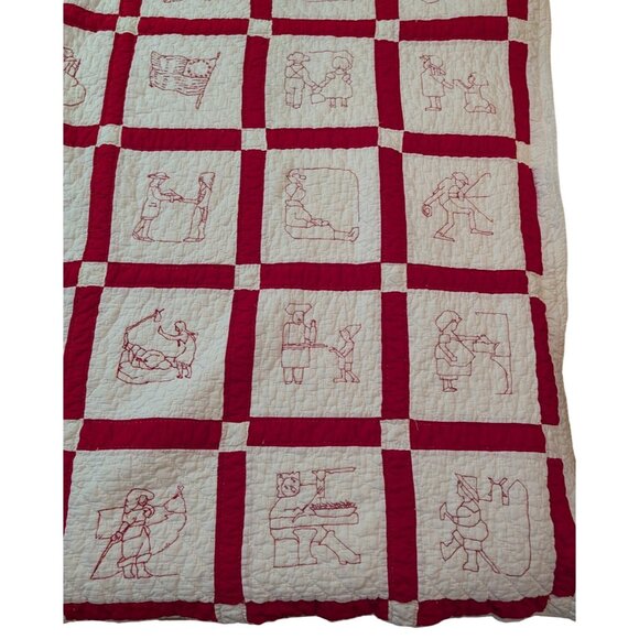 Redwork Colonial Embroidered Quilt Early 1900s Twin 83x67 Pioneer Hand quilted - Picture 2 of 16